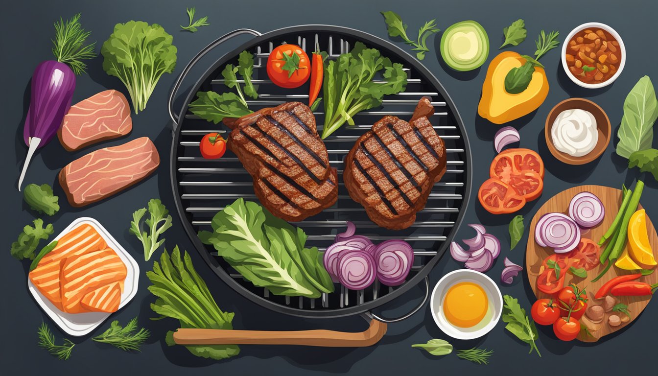 A sizzling grill cooks a variety of keto-friendly foods, including grass-fed meat, alongside vibrant vegetables and healthy fats