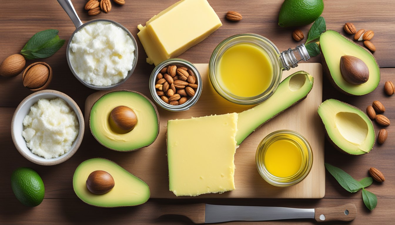 A spread of ghee and butter on a wooden cutting board, surrounded by various keto-friendly fat sources like avocados, nuts, and coconut oil