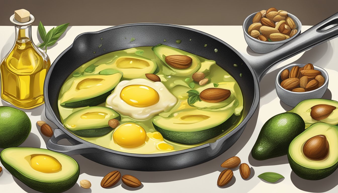 A sizzling pan with ghee and butter melting, surrounded by various fat sources like avocados, nuts, and olive oil