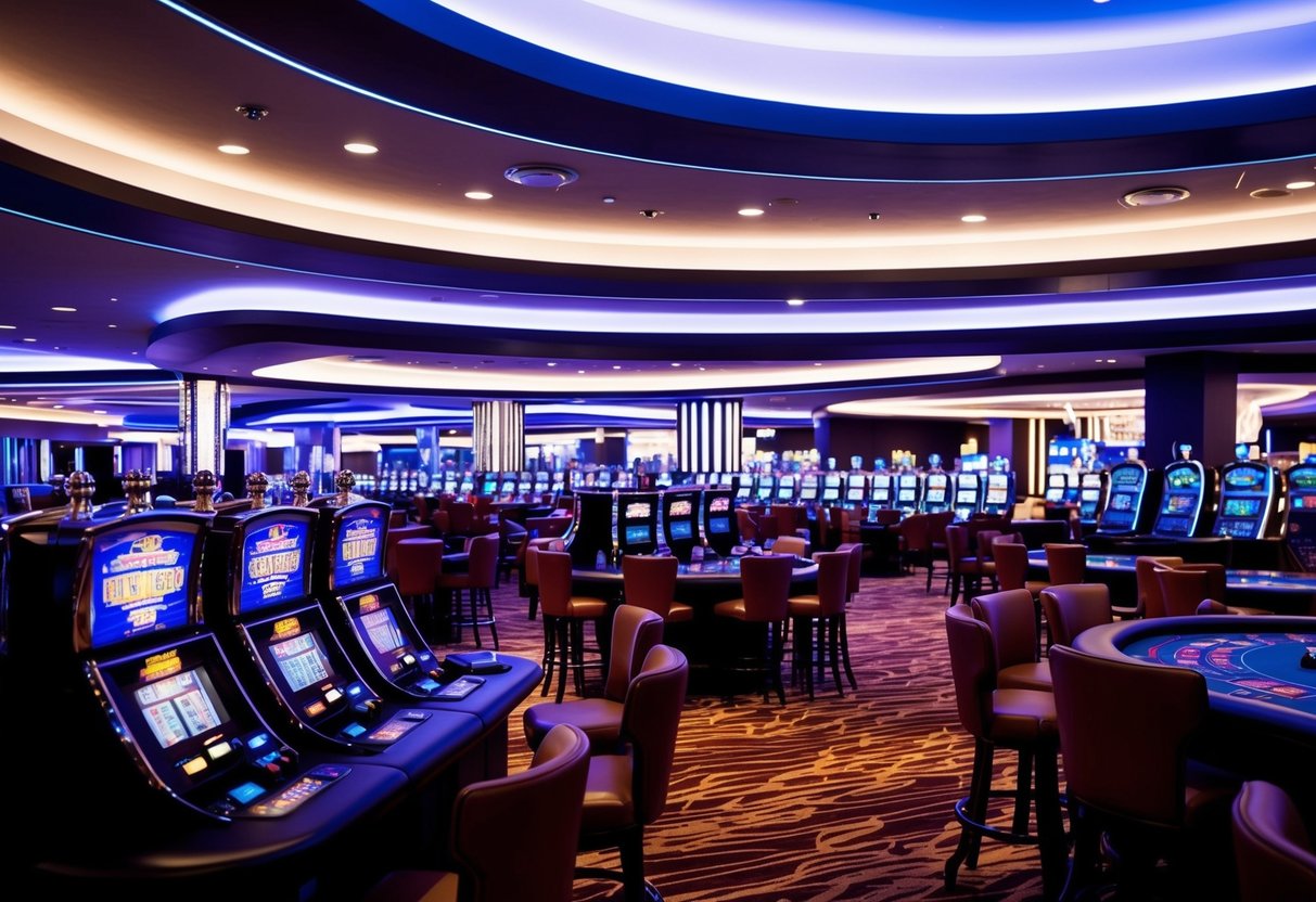 A sleek, modern casino with neon lights and a bustling atmosphere. Tables and slot machines fill the space, creating an exciting and vibrant scene