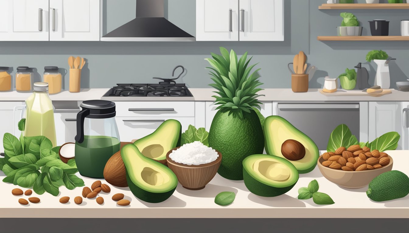 A kitchen counter with a variety of non-dairy, low-carb foods such as avocados, nuts, coconut milk, and leafy greens