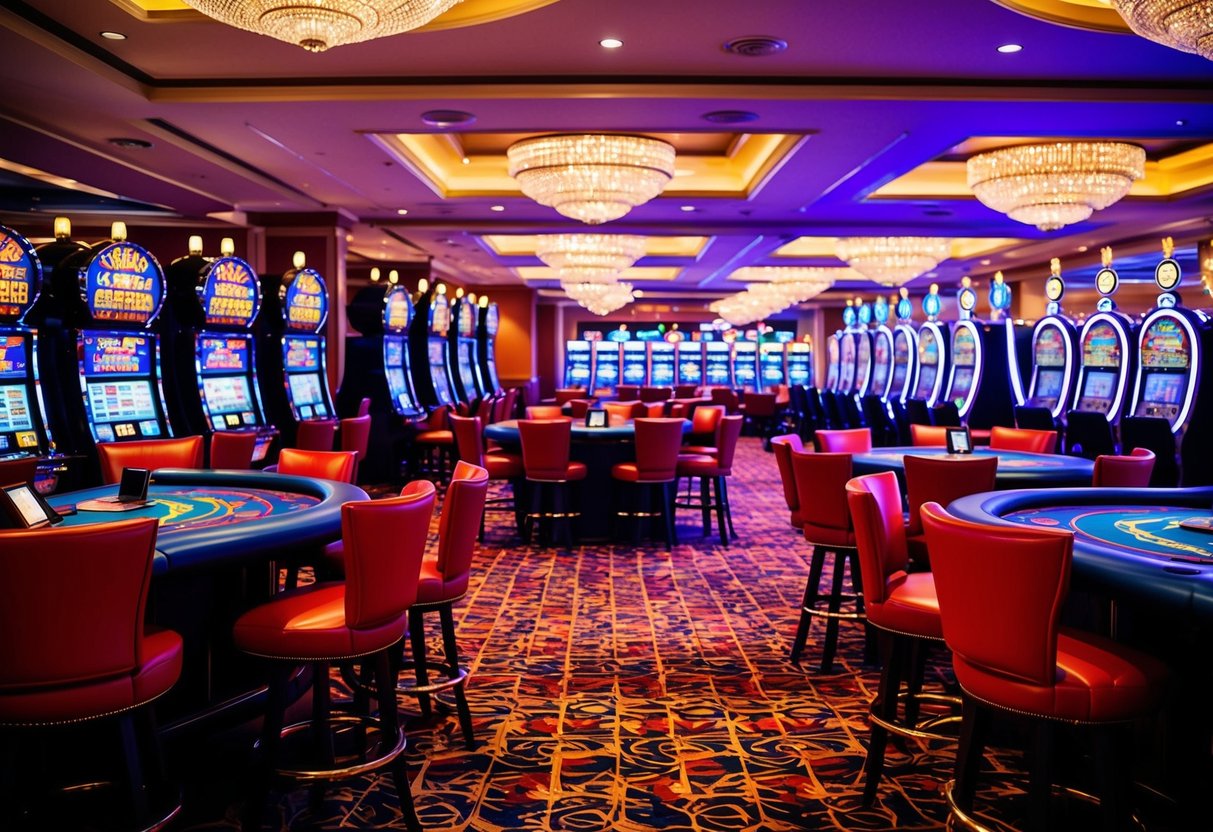 A colorful and vibrant casino floor with slot machines, card tables, and a lively atmosphere