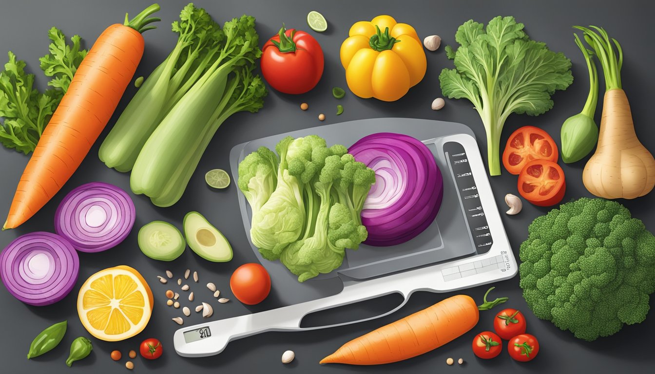 A vibrant array of fresh, colorful vegetables and lean proteins arranged on a clean, organized kitchen counter, with a measuring tape and scale nearby