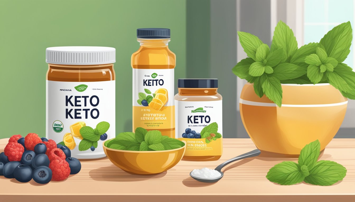 A kitchen counter with various keto sweeteners (stevia, erythritol, monk fruit) displayed next to a bowl of fresh berries and a jar of honey