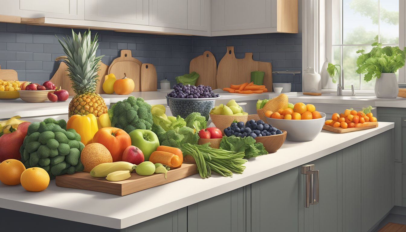 A colorful array of fresh, whole foods arranged on a clean, well-lit kitchen counter, with a focus on vibrant fruits, vegetables, and lean proteins