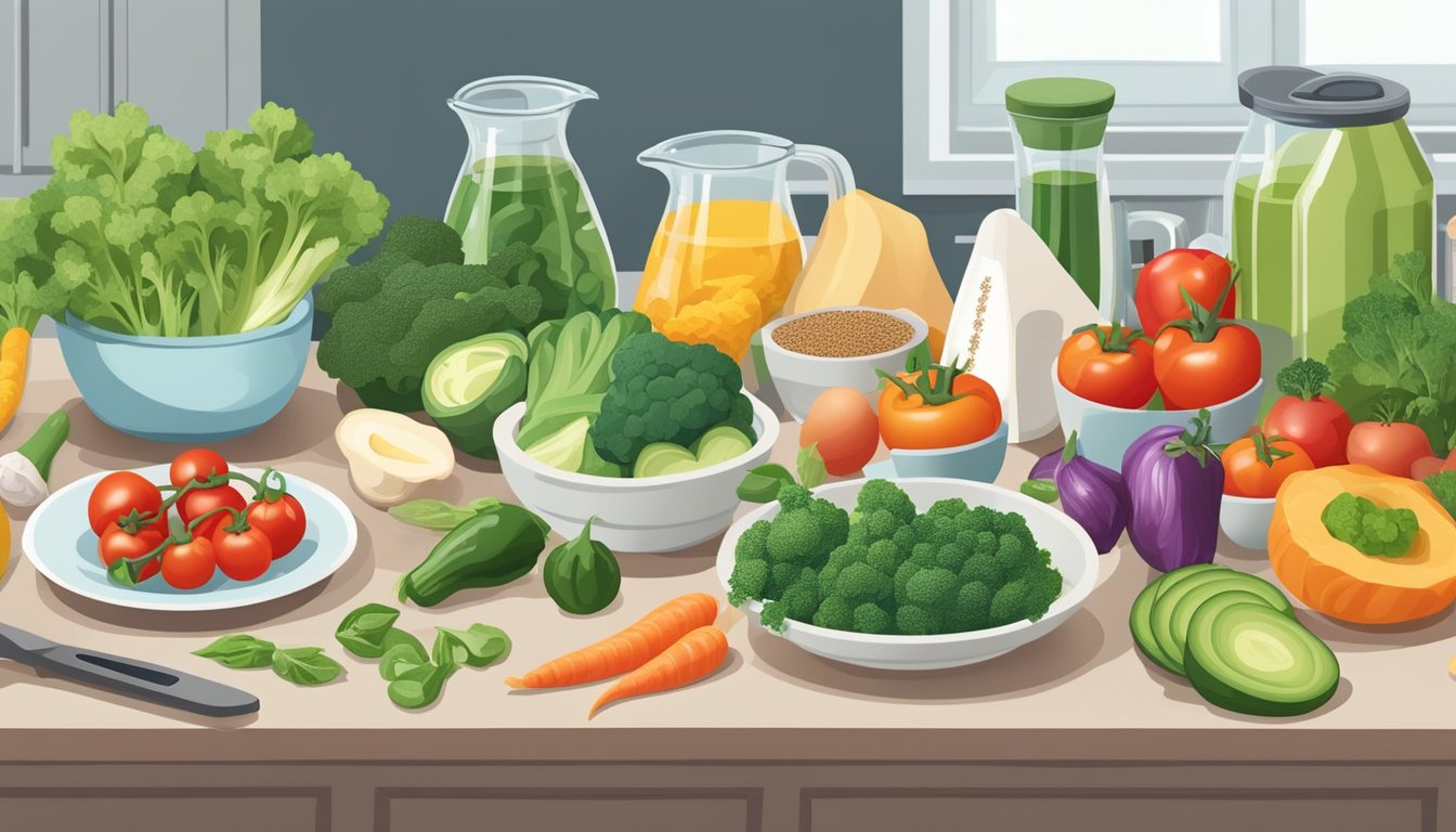 A kitchen counter with a variety of fresh vegetables, lean proteins, and healthy fats neatly arranged. A scale and measuring cups sit nearby, emphasizing the importance of precise food quality in a keto diet