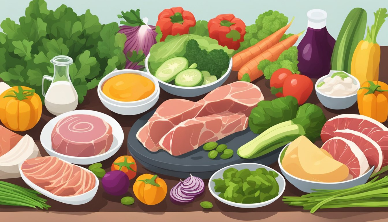 A colorful array of fresh vegetables, lean meats, and healthy fats arranged on a clean, modern kitchen counter, emphasizing the importance of high-quality keto diet foods for optimal health results