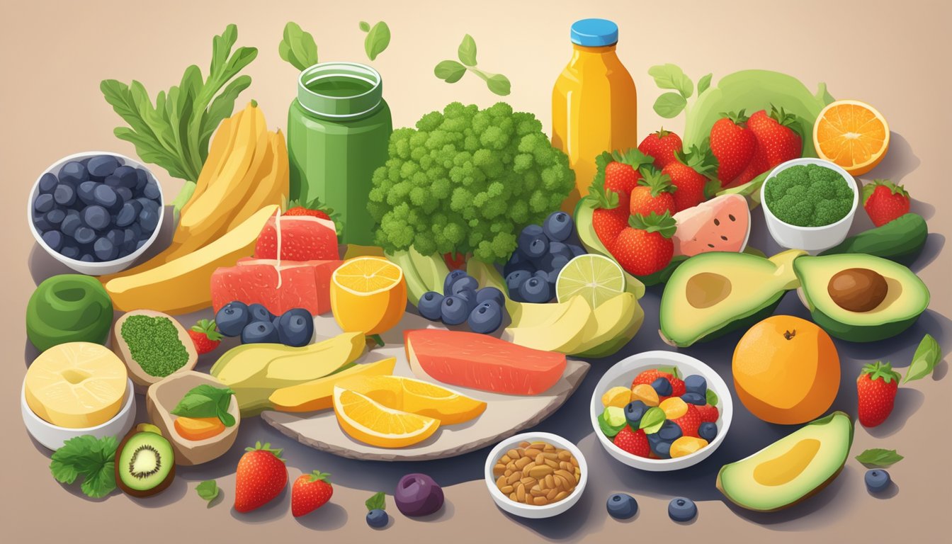 A table with a variety of nutritional supplements and keto-friendly foods, including high-fiber options, surrounded by a vibrant array of fruits and vegetables