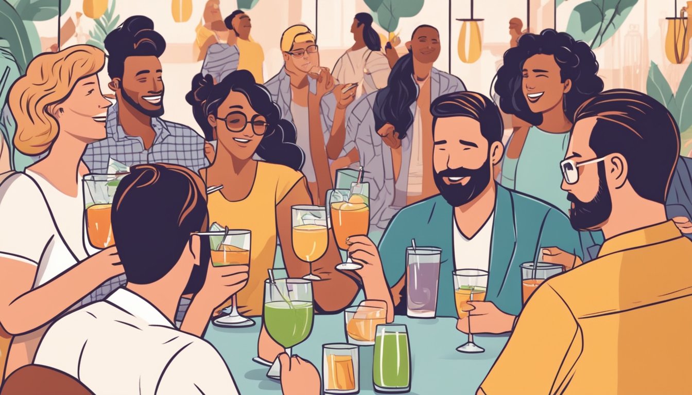 A person confidently sips a keto-friendly cocktail at a lively social gathering, surrounded by friends enjoying their own drinks