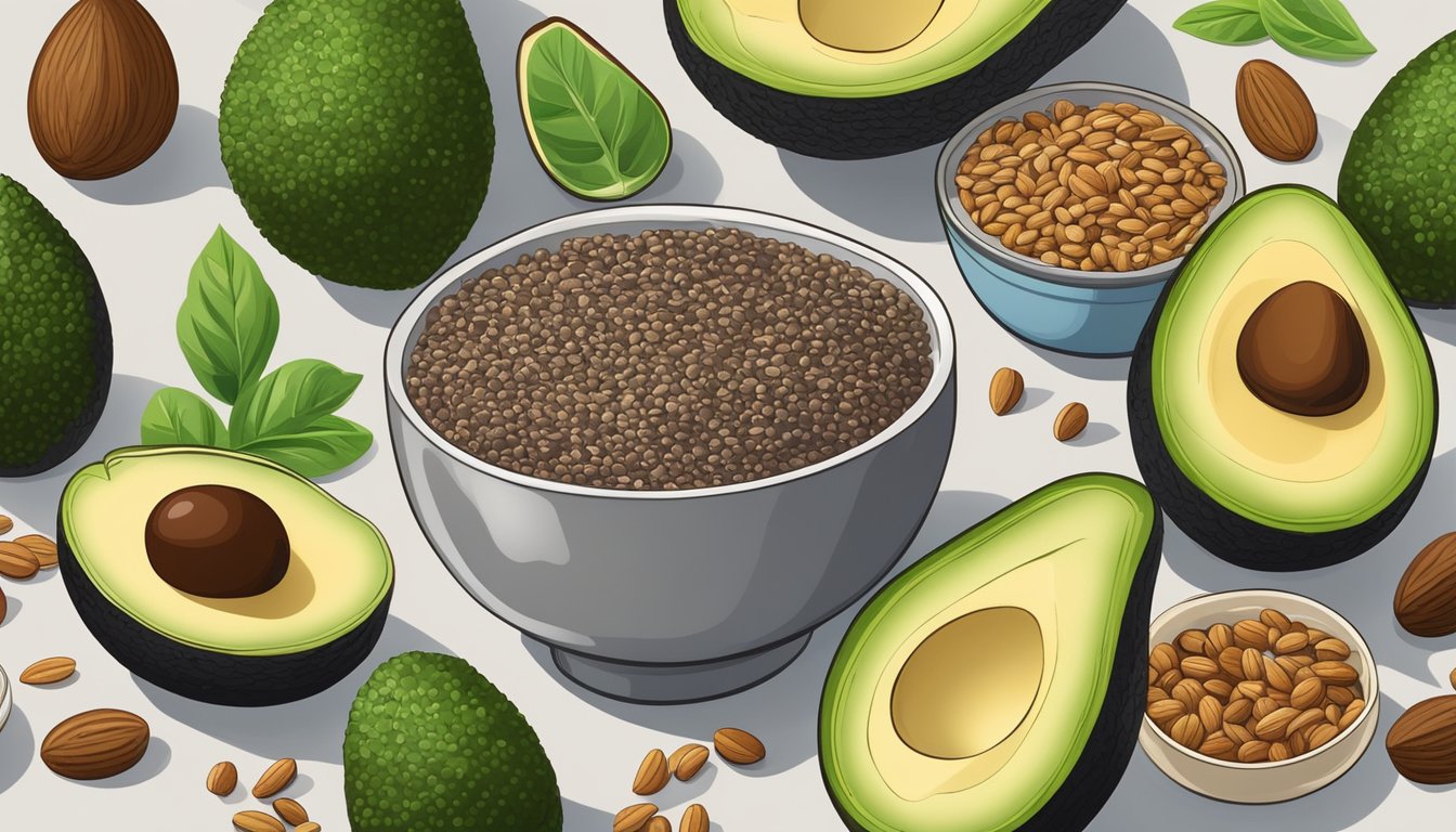 A bowl filled with chia and flaxseeds surrounded by various plant-based fats like avocados and nuts