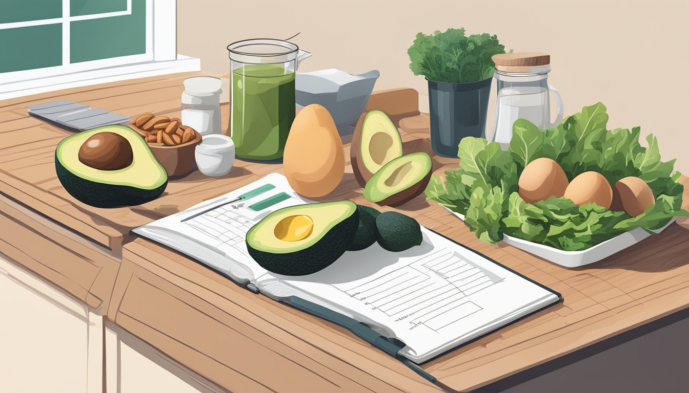 A kitchen counter with a variety of keto-friendly foods and ingredients, such as avocados, nuts, eggs, leafy greens, and lean meats. A measuring tape and a notebook with personalized keto diet plans are also present