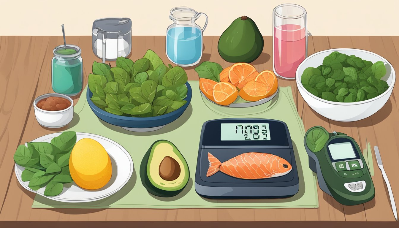 A table with various foods: avocado, salmon, spinach, and berries. A blood sugar monitor and a metabolic rate machine are also present