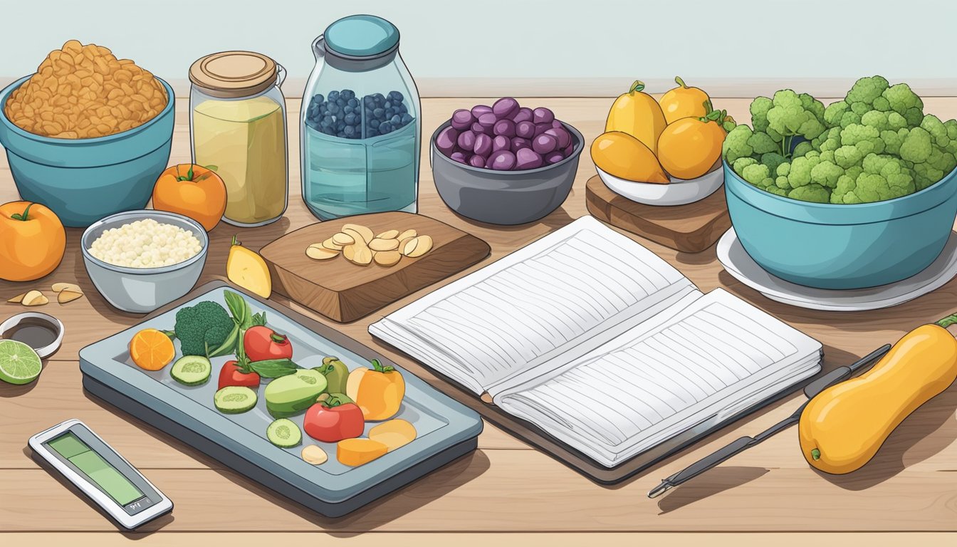 A kitchen counter with a variety of low-carb foods, a scale, and a notebook for tracking meals and macros