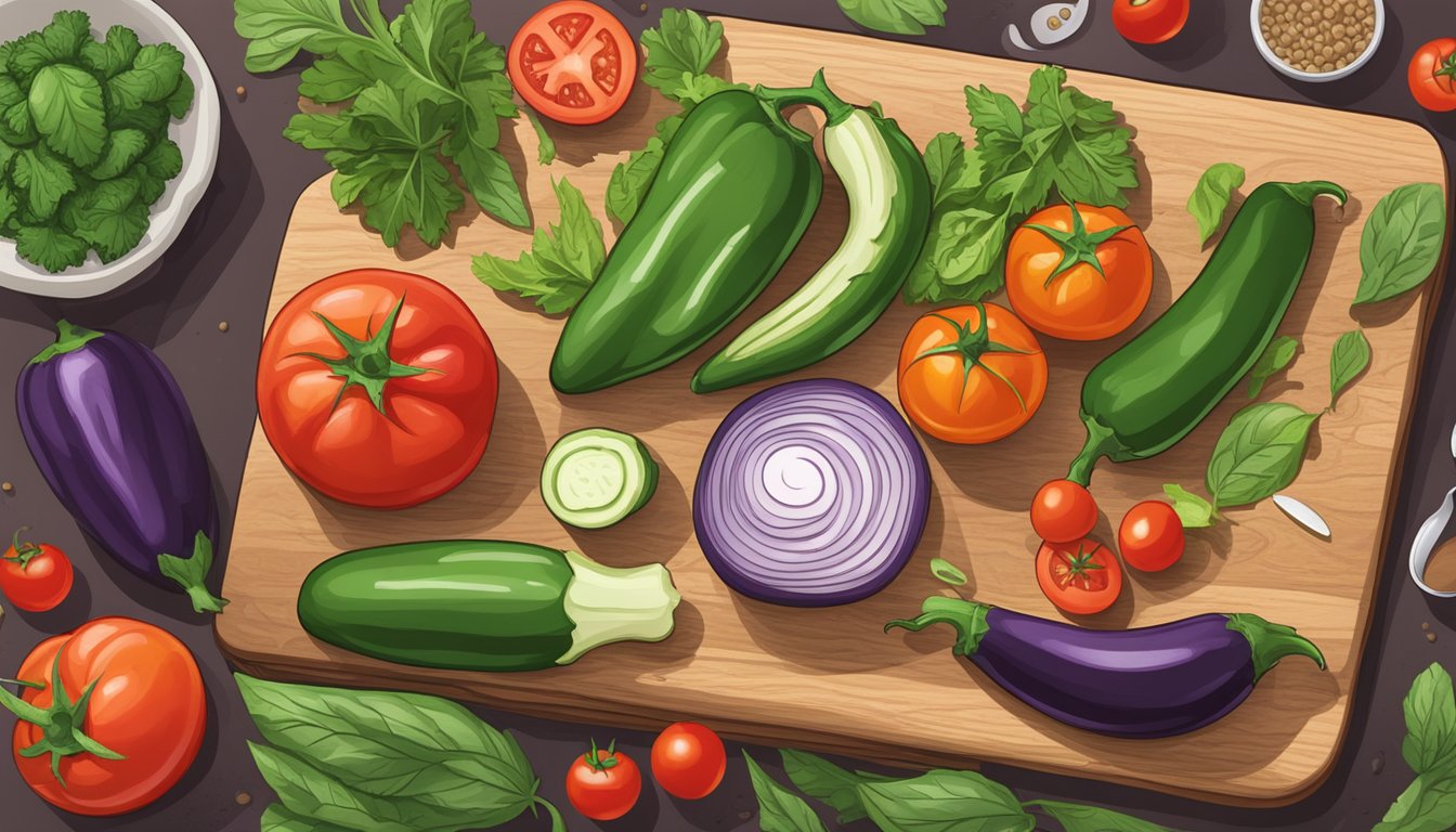 A spread of nightshade vegetables on a wooden cutting board, including tomatoes, peppers, and eggplant, surrounded by measuring spoons and a keto diet guide