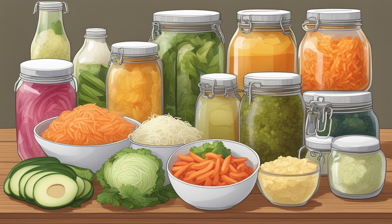 A colorful array of fermented foods, including sauerkraut, kimchi, and kefir, displayed on a wooden table with a banner reading "Keto Diet and Gut Health."