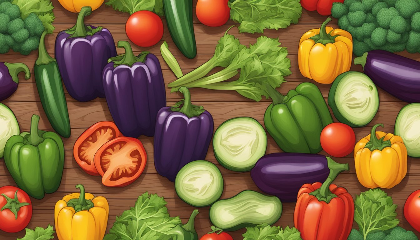 A colorful array of keto-friendly vegetables, including bell peppers, eggplant, and tomatoes, arranged on a wooden cutting board