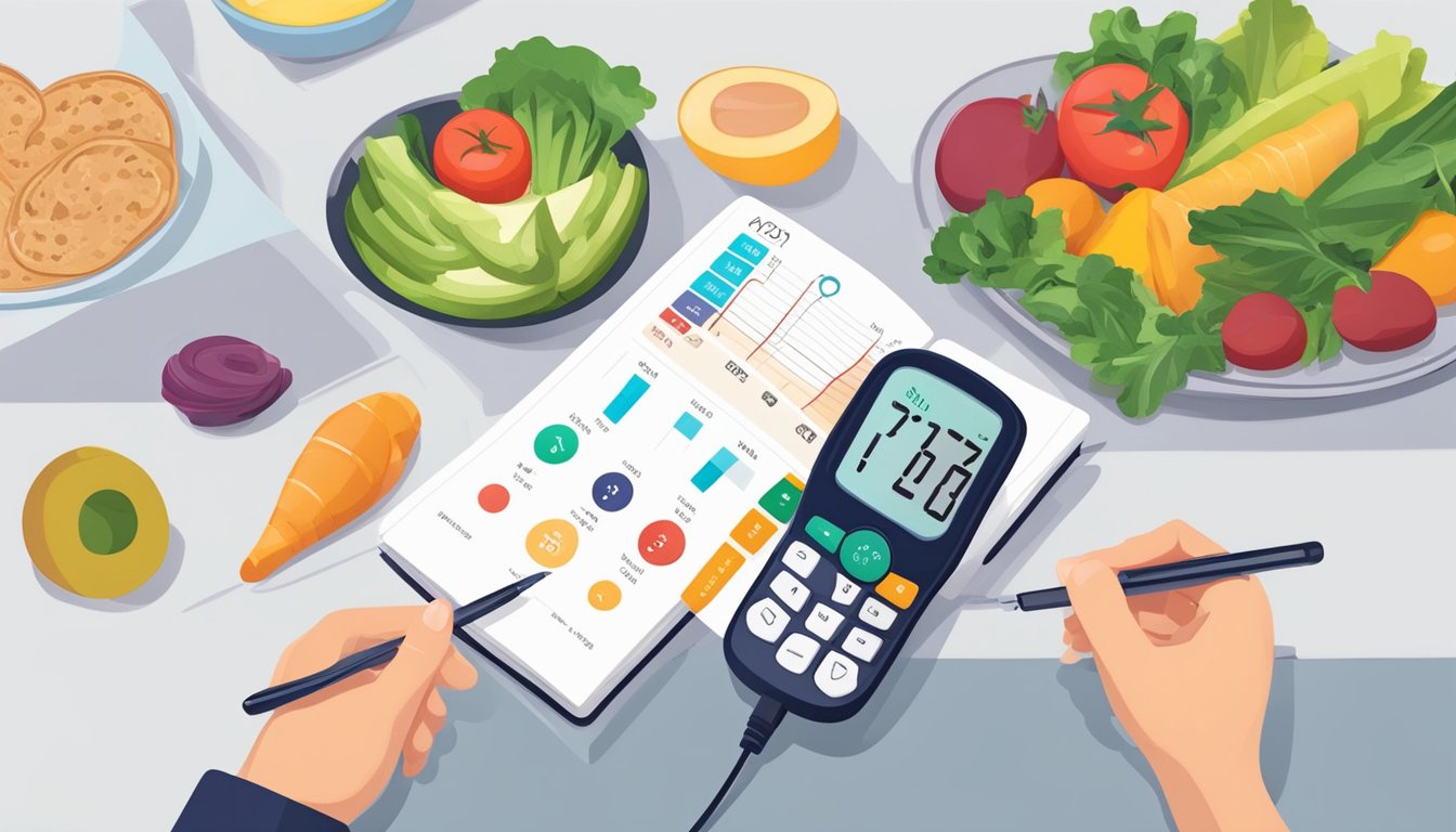 A person using a blood glucose monitor while preparing keto-friendly meals and tracking their progress in a journal