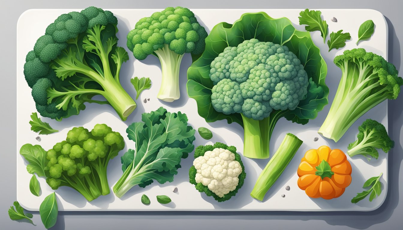 A colorful array of non-nightshade vegetables like broccoli, cauliflower, and leafy greens, arranged on a clean, white cutting board