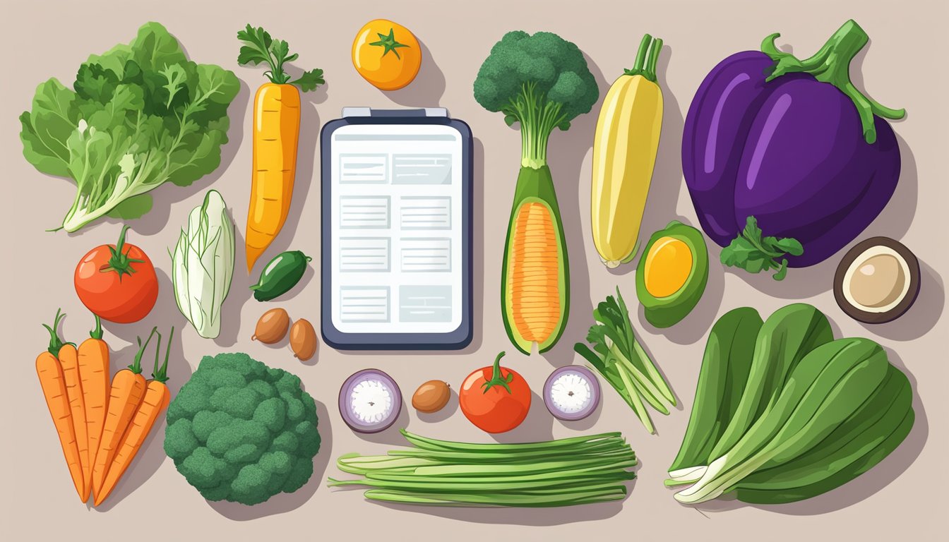 A colorful array of nightshade vegetables arranged on a table, with a keto diet meal plan and a ketosis testing kit nearby