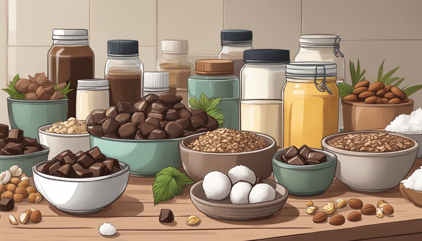 A kitchen counter lined with various keto fat bomb treats, surrounded by ingredients like coconut oil, nuts, and dark chocolate