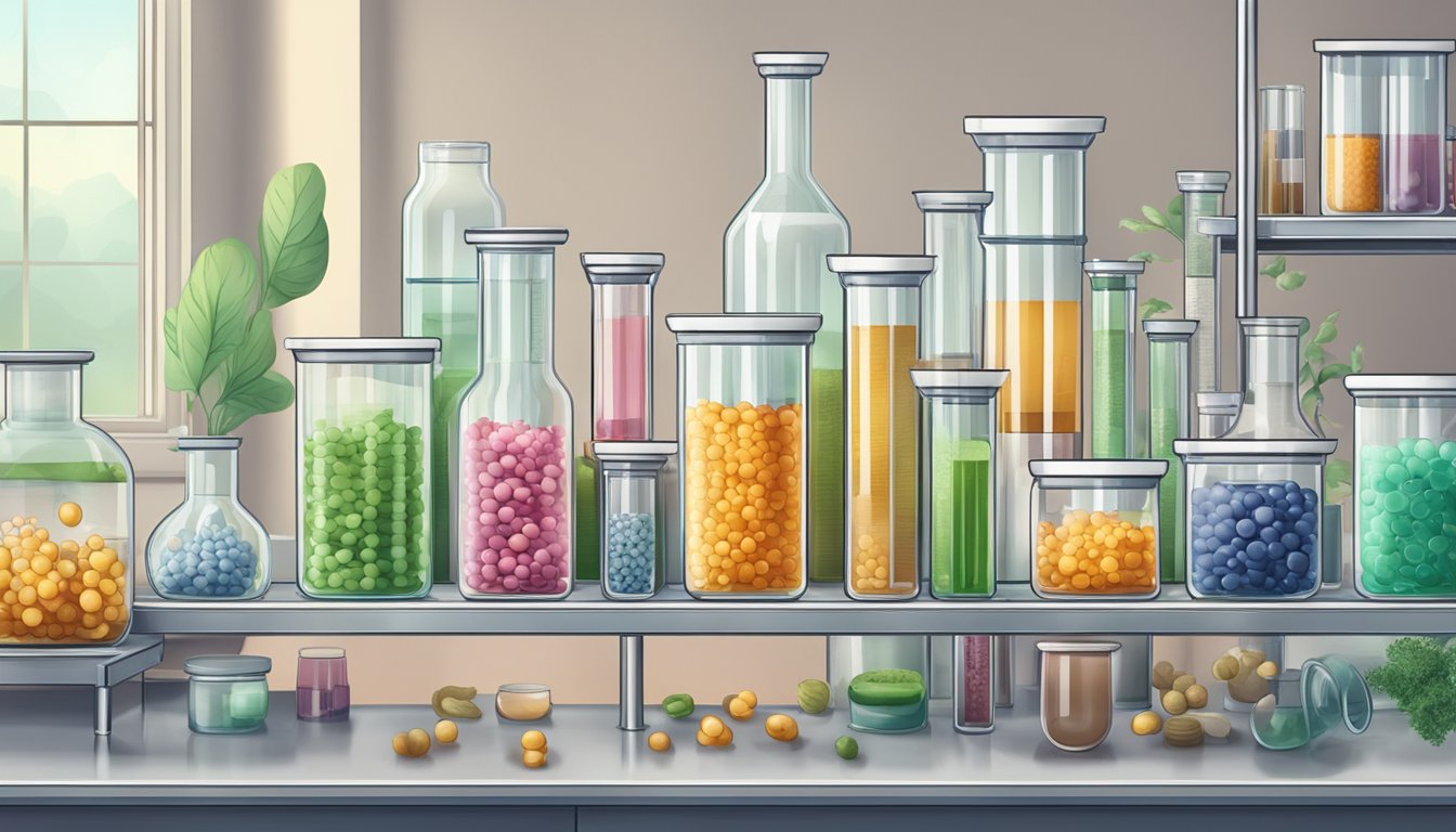 A laboratory setting with test tubes and petri dishes, showcasing the interaction between prebiotics, probiotics, and gut health