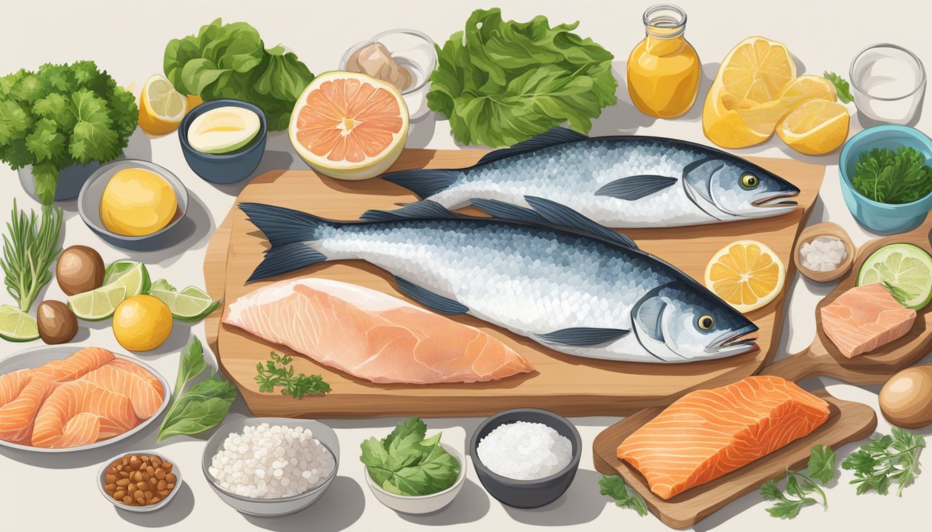 A colorful array of fresh fish, omega 3-rich foods, and keto-friendly ingredients spread out on a kitchen counter