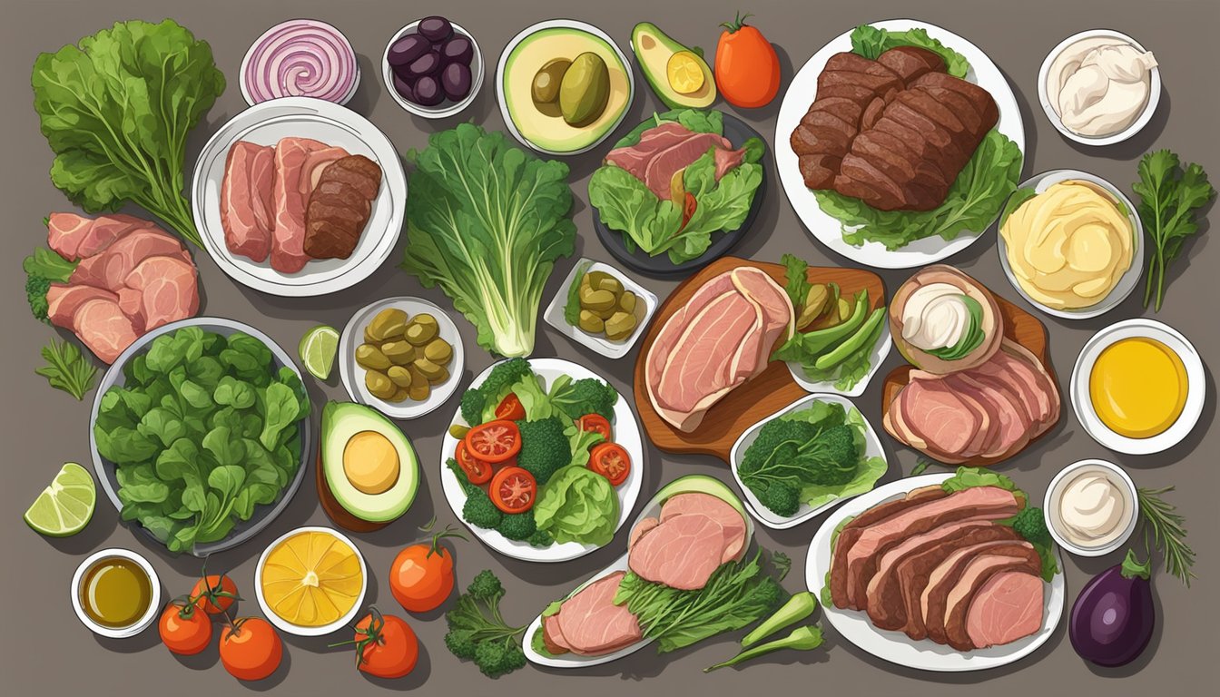 A table spread with a variety of organ meats, leafy greens, and low carb vegetables, surrounded by keto-friendly ingredients like avocado and olive oil