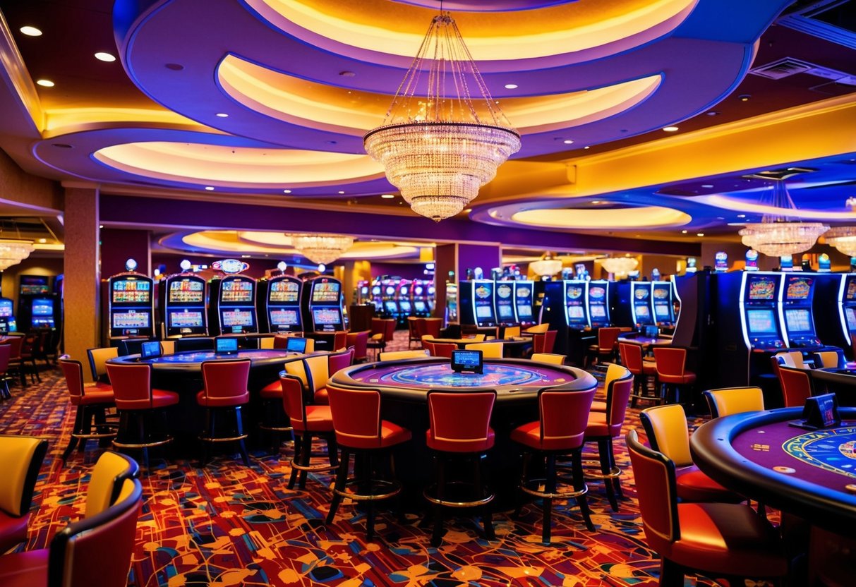 A colorful casino with bright lights, slot machines, and card tables bustling with activity. A lively and vibrant atmosphere fills the room