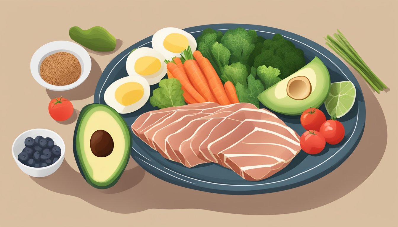 A balanced meal with keto-friendly foods, including lean proteins, healthy fats, and low-carb vegetables, arranged on a plate