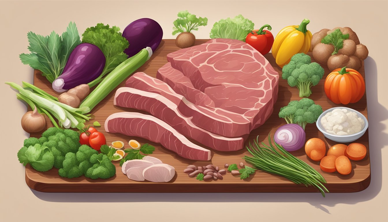 A variety of organ meats, such as liver, heart, and kidney, arranged on a cutting board surrounded by low-carb vegetables and herbs