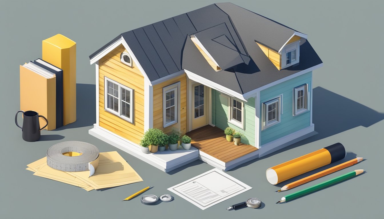 A tiny house surrounded by legal documents and regulations, with a measuring tape and ruler nearby