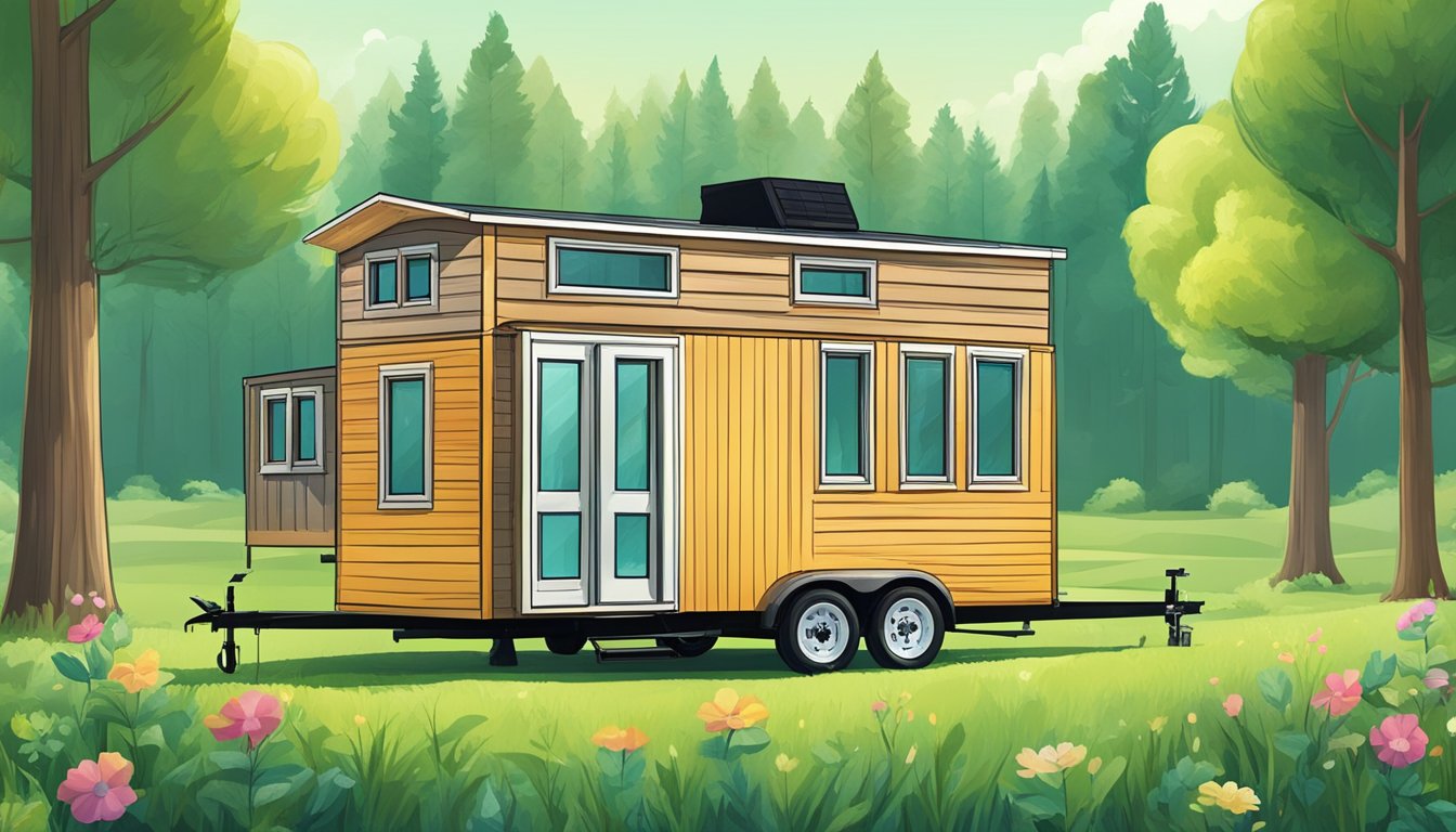 A tiny house trailer parked in a green meadow, surrounded by trees, with a small, mobile tiny house sitting on top