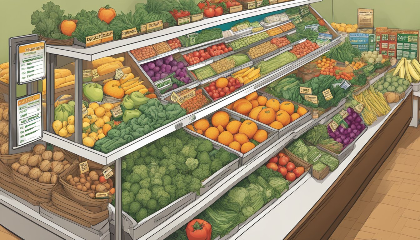 A table displays fresh produce and whole foods on one side, and packaged processed options on the other. Nutrition labels and macro counts are prominently featured