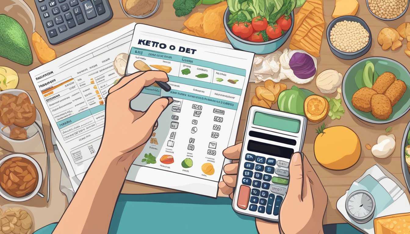 A person reading nutrition labels, surrounded by various food items and a calculator, while deciphering macros for a keto diet