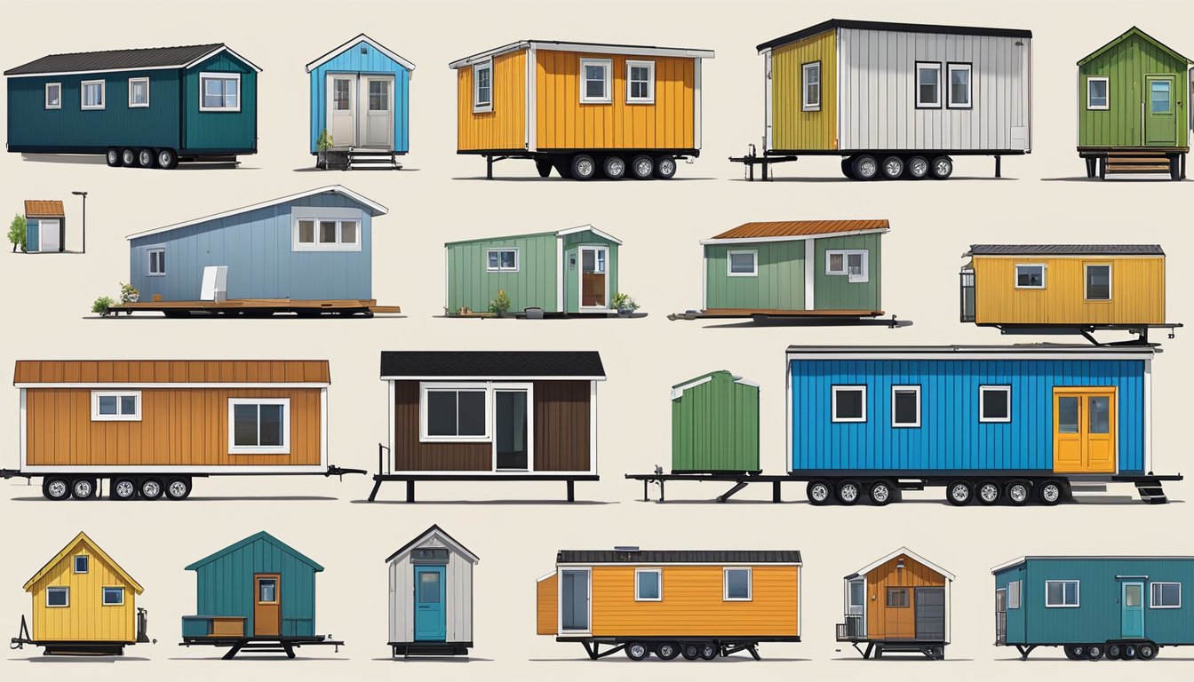 A variety of tiny houses, including cabins, trailers, and container homes, with cost estimates displayed