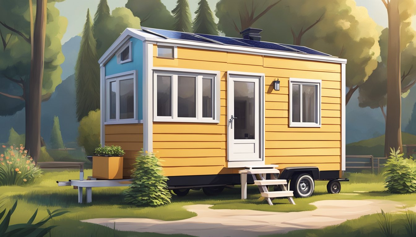 A tiny house on wheels parked in a scenic natural setting, with solar panels on the roof and a small garden outside