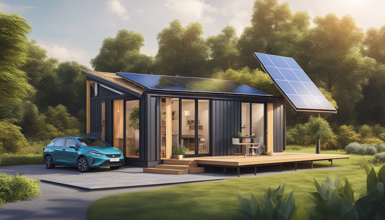 A tiny house surrounded by nature, with a small garden and solar panels on the roof, showcasing cost-effective and sustainable living