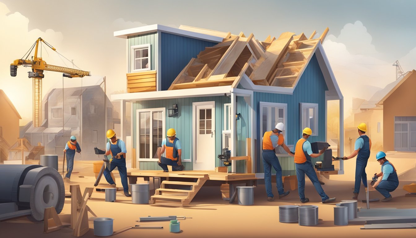 A group of builders construct a tiny house, measuring materials and using power tools