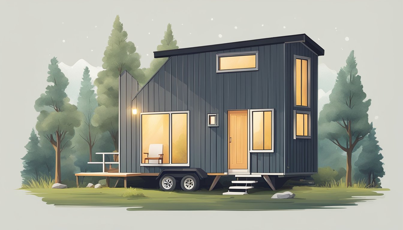 A small, minimalist tiny house surrounded by nature with a price tag next to it