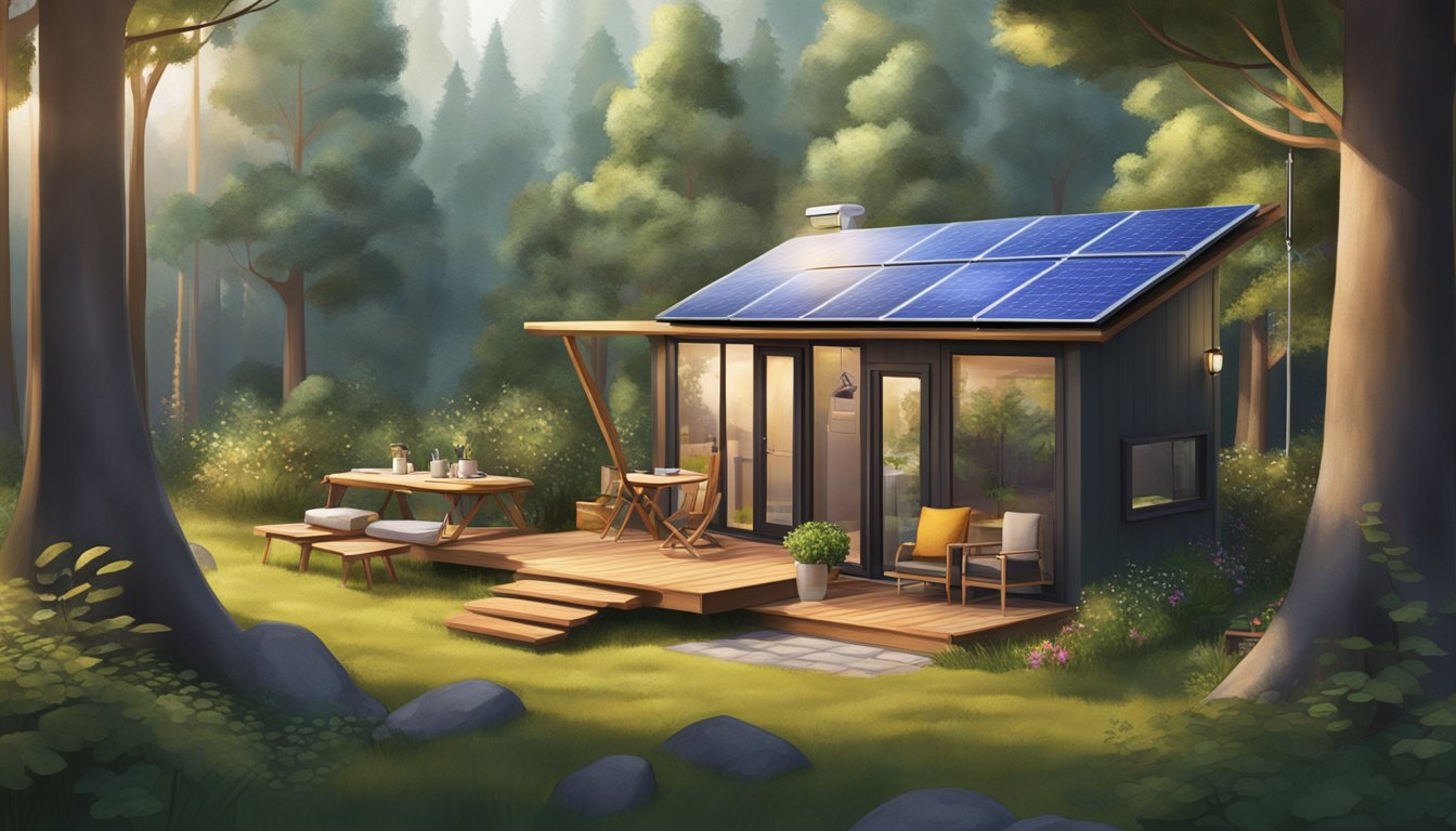 A cozy tiny house nestled in a lush forest, with solar panels on the roof, a small garden, and a hammock hanging outside