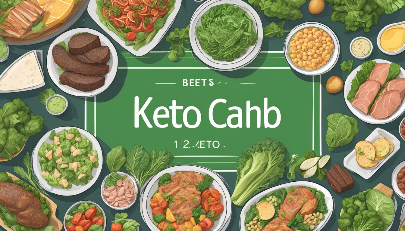 A buffet spread with a variety of low-carb options, including leafy greens, lean meats, and healthy fats. A sign indicates "Keto-Friendly Choices."