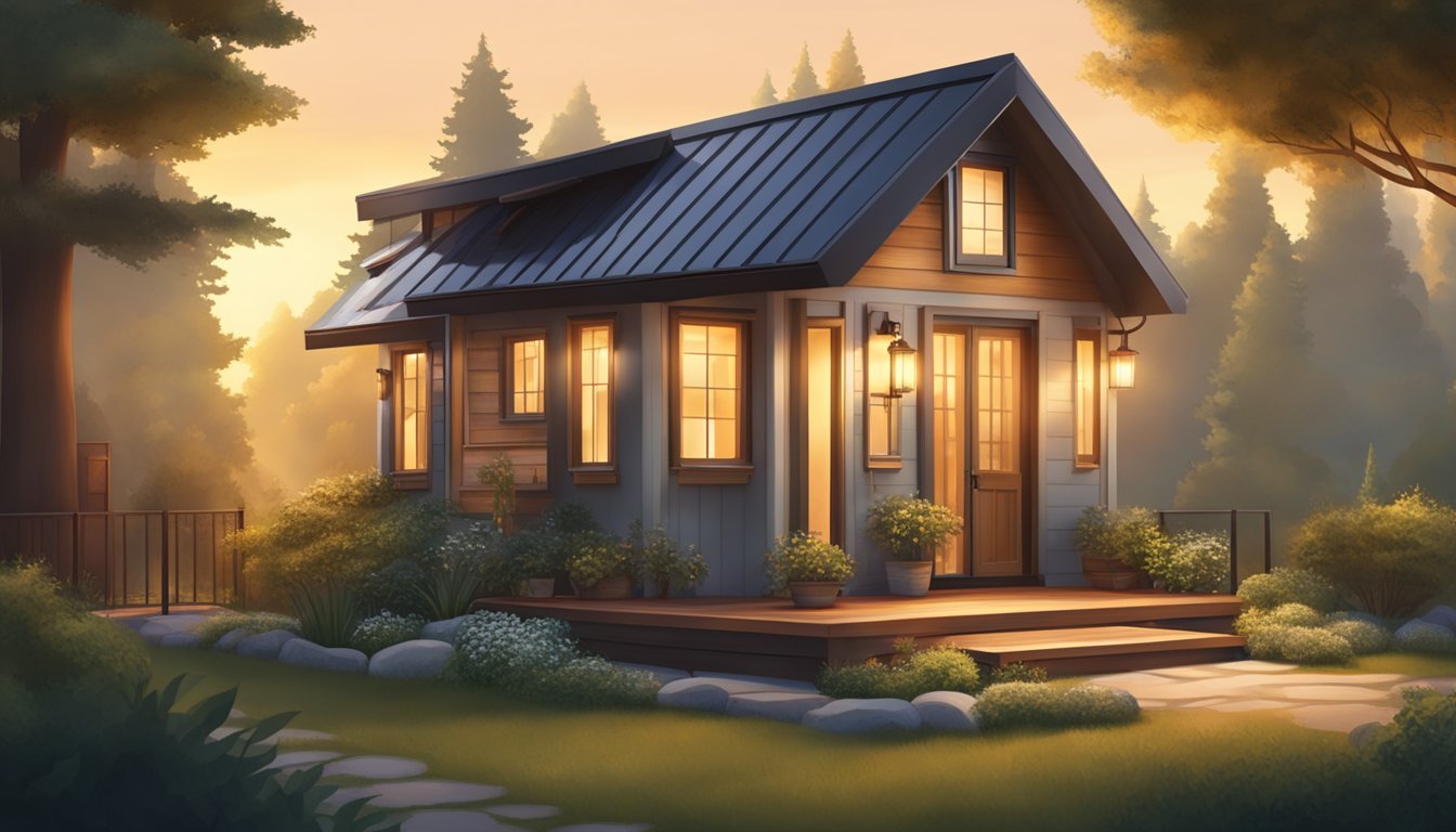 A cozy tiny house nestled in a serene natural setting, surrounded by trees and a small garden. The sun sets in the background, casting a warm glow on the exterior