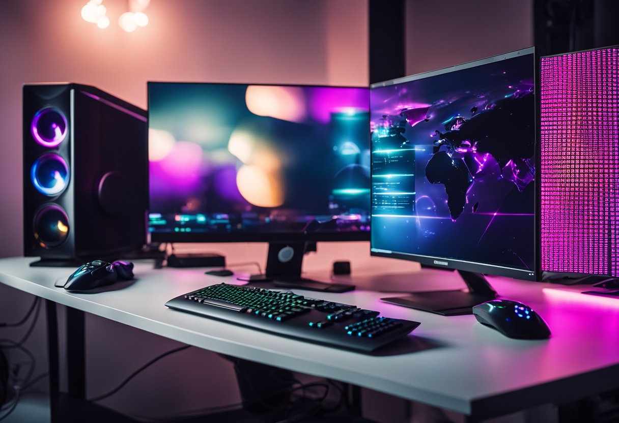 A sleek gaming computer with a powerful video card, multiple monitors, and colorful LED lights illuminating the setup