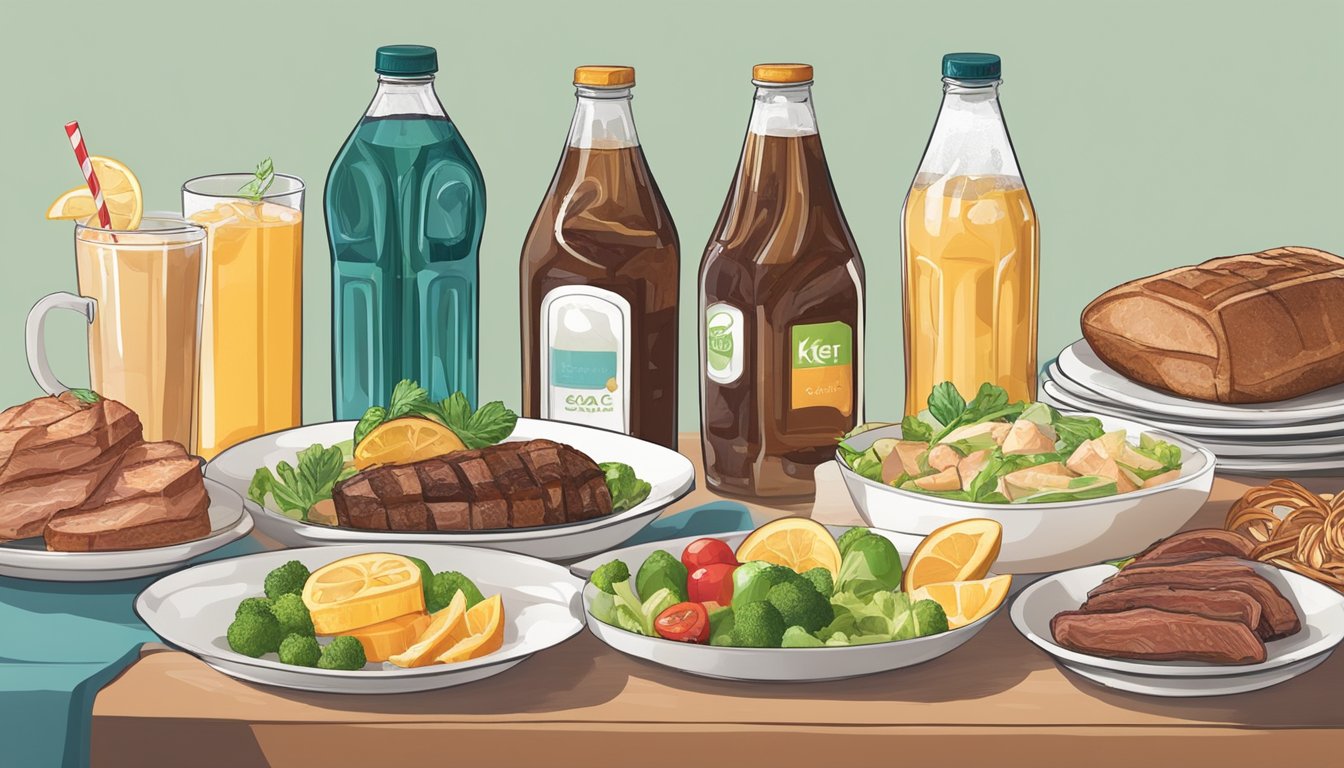 A selection of keto-friendly beverages at a buffet, including water, unsweetened tea, and sugar-free sodas, surrounded by plates of low-carb options like meats, cheeses, and vegetables