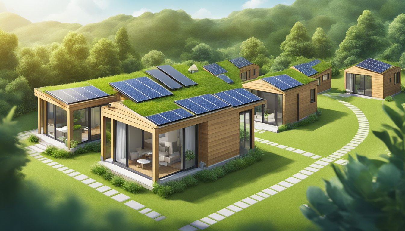 A group of tiny houses nestled in a lush green landscape, with solar panels on the roofs and a communal garden area