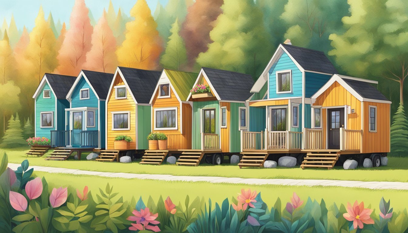 A row of colorful, uniquely designed tiny houses nestled in a lush forest clearing, each displaying personalized features and custom touches