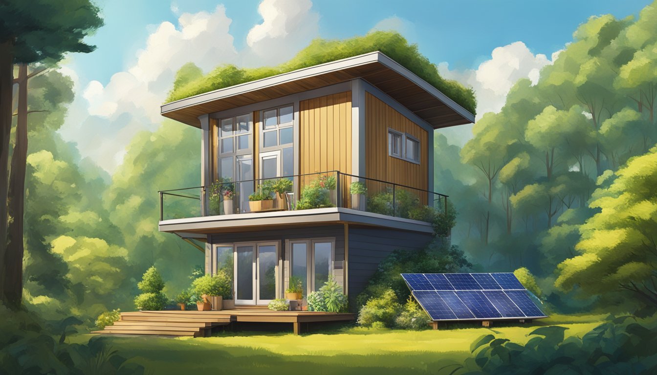 A tiny house nestled in a lush forest, surrounded by towering trees and a clear blue sky, with a small garden and solar panels on the roof