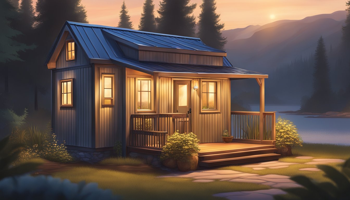 A cozy tiny house nestled in a serene natural setting, with a warm glow emanating from the windows