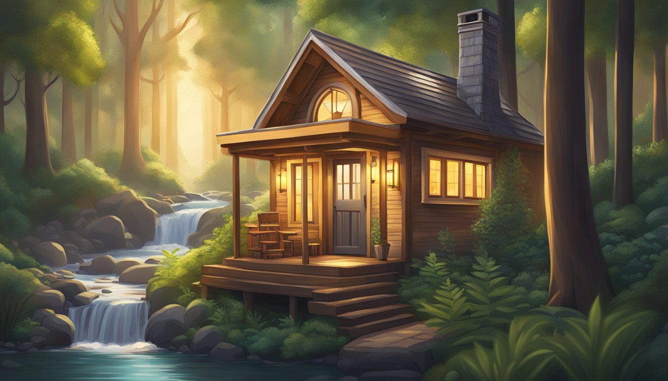 A cozy tiny house nestled in a lush forest, surrounded by tall trees and a bubbling stream, with a warm glow emanating from the windows