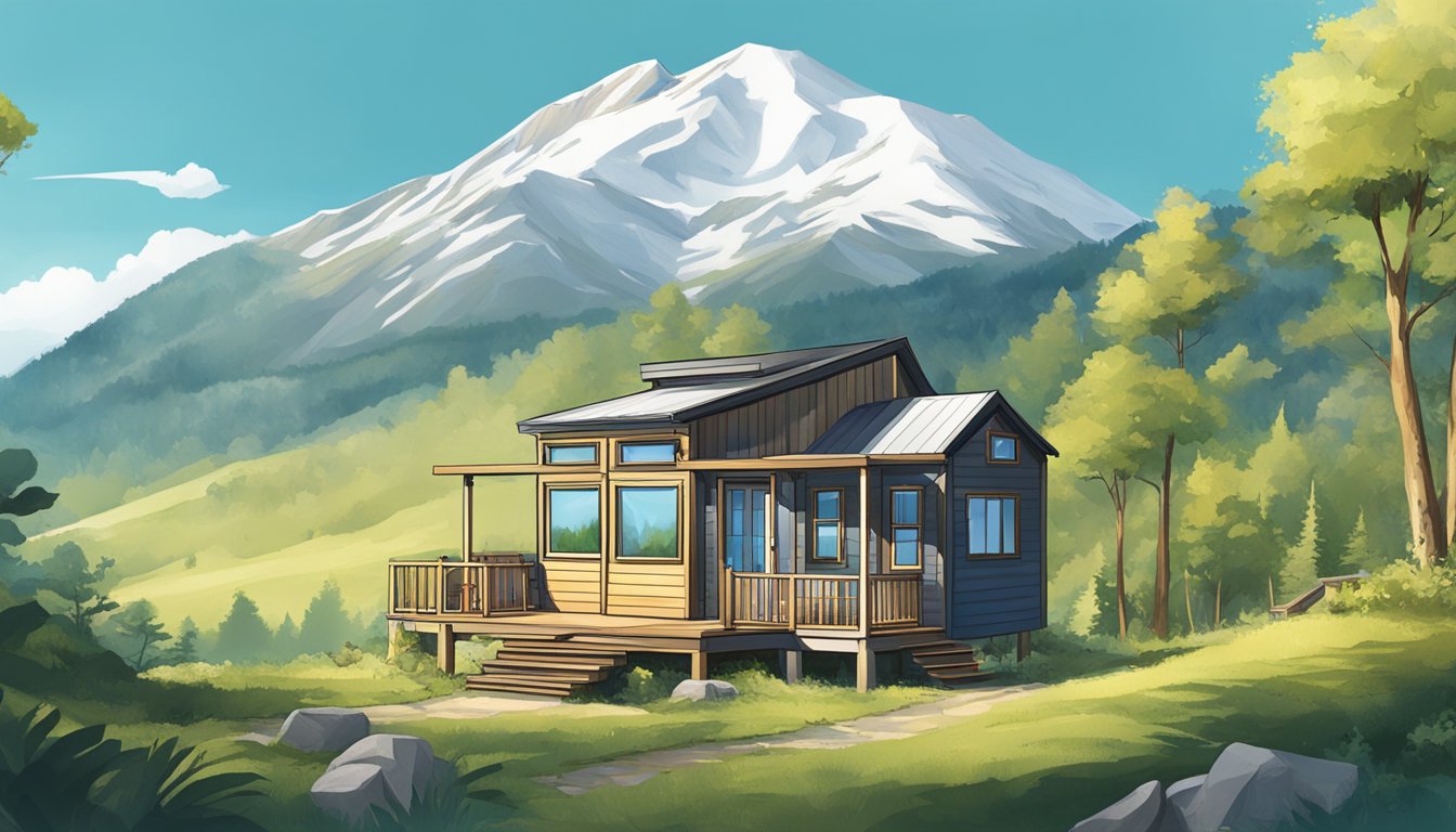 A tiny house surrounded by nature, with a clear blue sky and a mountain in the background